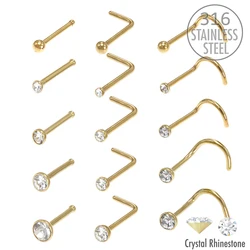 10Pcs/Set Nose Rings Stud Piercing Stainless Steel with Round Crystal Gem Nostril Jewelry Ball Bend Bone Screw Shape 0.8mm 1.0mm