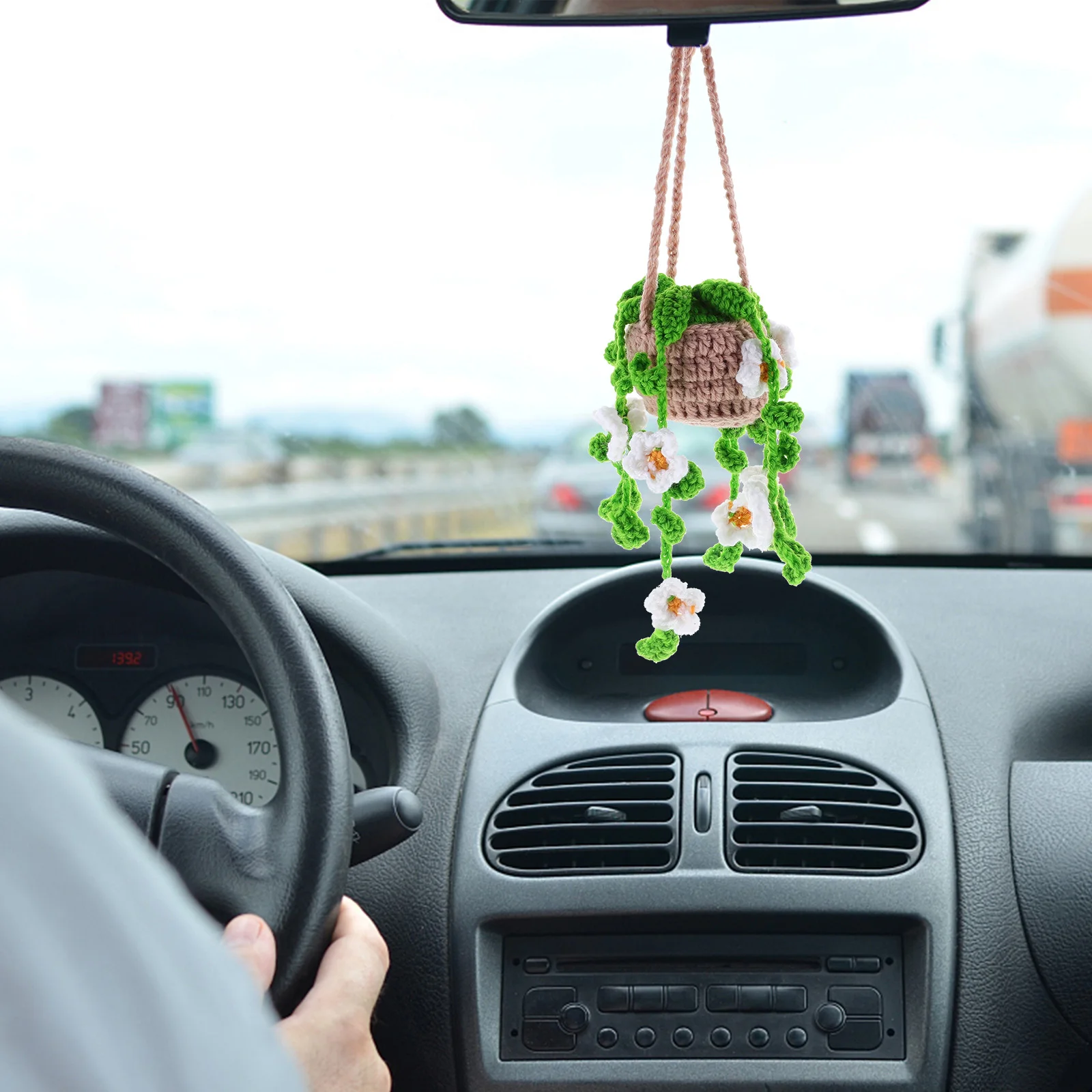 

Cute Crochet Basket Flower Plant Ornament Car Accessories Pendant Rearview Home Wall Decor Interior Shop Decoration Gift Hanging