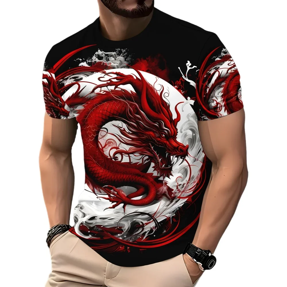 T-Shirt mit Drachen- und Phönixmuster für Herren, Tier-3D-gedruckte T-Shirts, Sommer, lässig, kurzärmelig, O-Ausschnitt, übergroße Street-T-Shirts, Tops