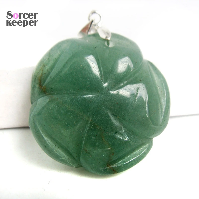 Hand Carved Natural Aventurine Stone Flower Amulet Lucky Women Cute Pendant Necklace Fashion Crystal Jewelry Beads 1PCS HS108