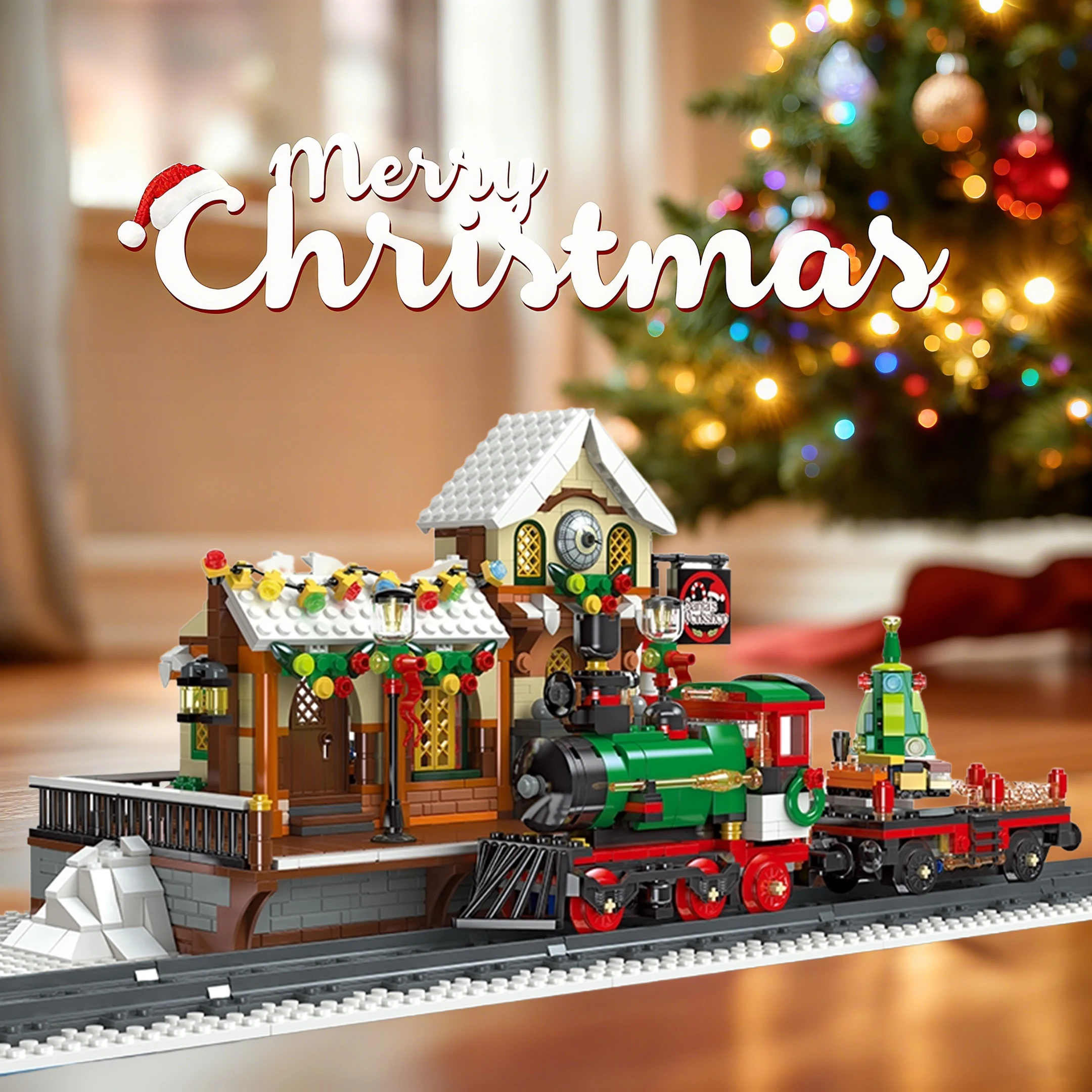 Estação de trem de natal blocos de construção conjuntos cenário arquitetônico festival decoração modelo tijolos brinquedos diy para crianças presentes natal