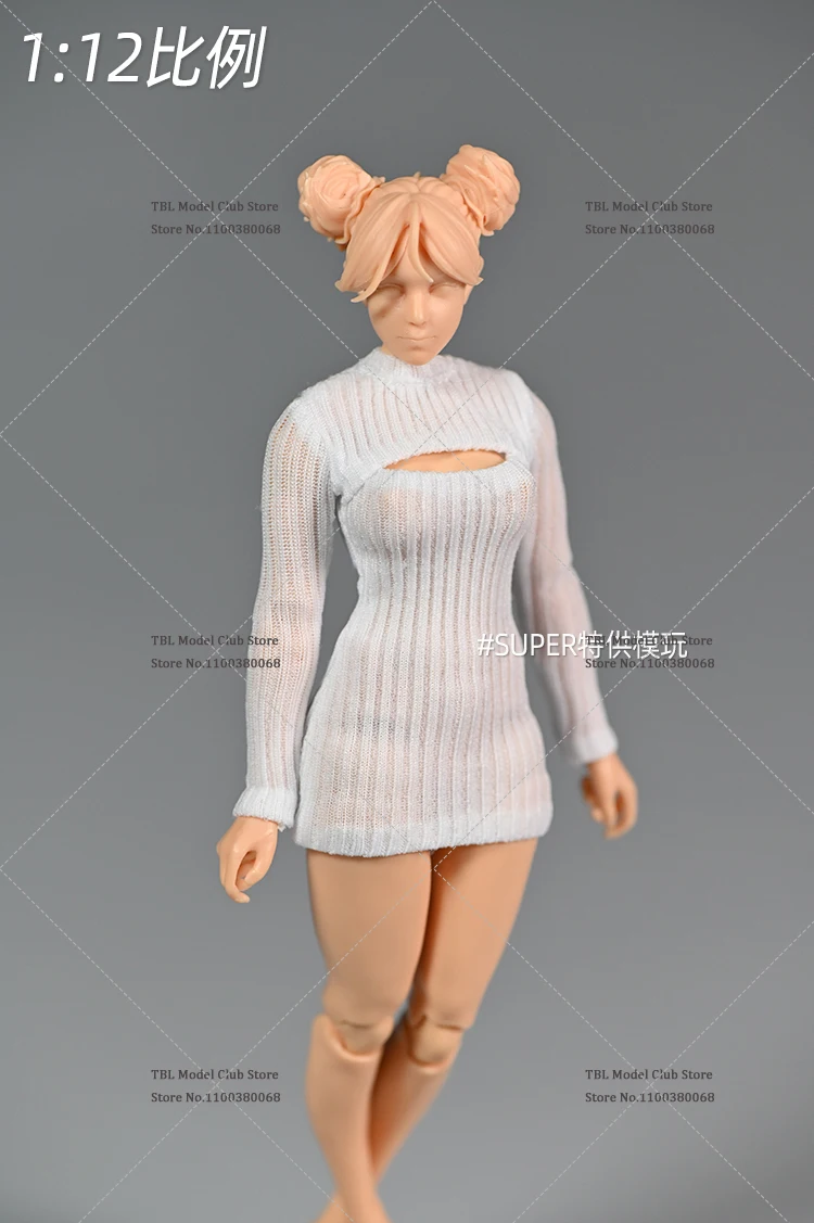 In Stock 1/12 Scale Female Soldier Long Knit Dress Slim Round Neck Solid Color Open Chest Sweater Fit 6inch Action Figure Doll