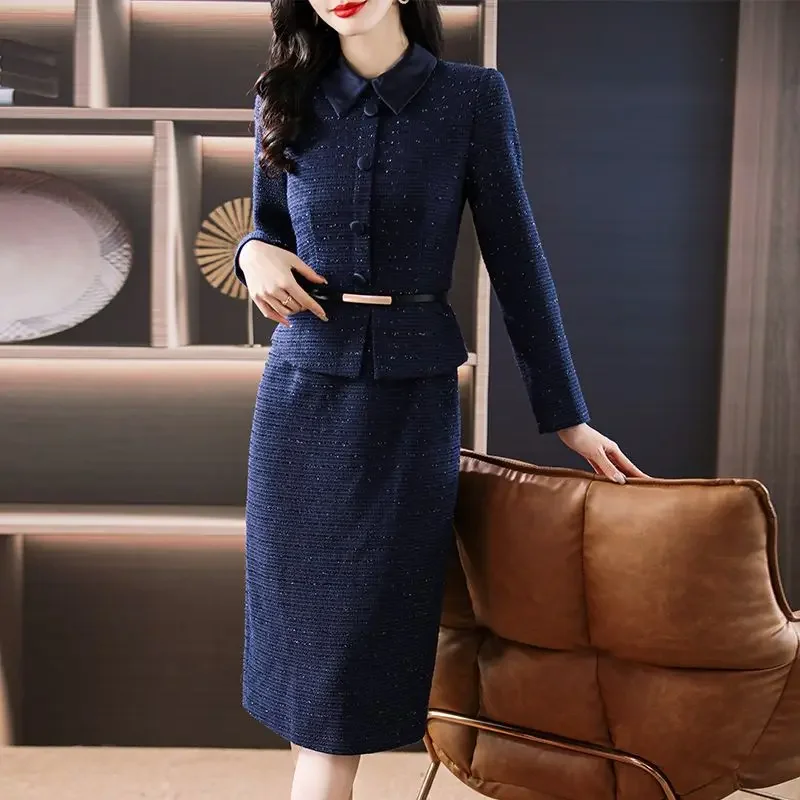 UNXX Autumn Two Piece Set Women Skirt Workplace Small Fragrance Stand Long-sleeve Tweed Jacket + Fashion Long Pencil Skirt Suits