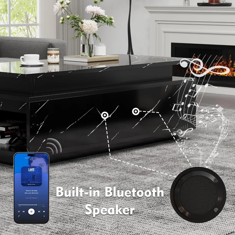 LED Coffee Table with Storage, Black Coffee Table with Wireless Charging and Speaker, High Glossy Modern Center Table with 24 Co