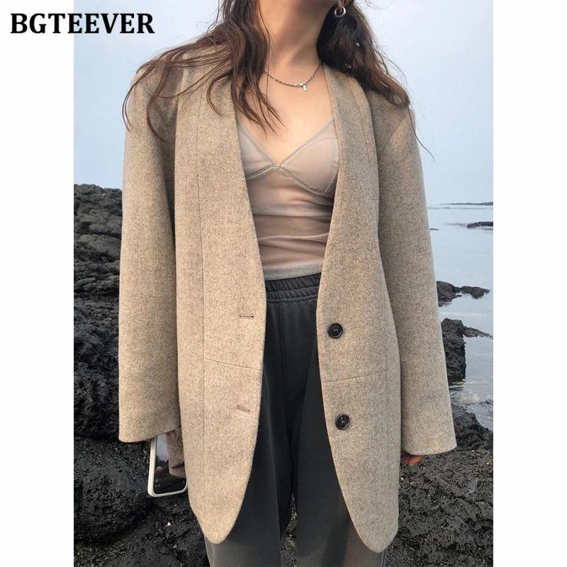 BGTEEVER Elegant V-neck Warm Ladies Woolen Blazer Autumn Winter Loose Full Sleeve Thicken Suit Jackets for Women