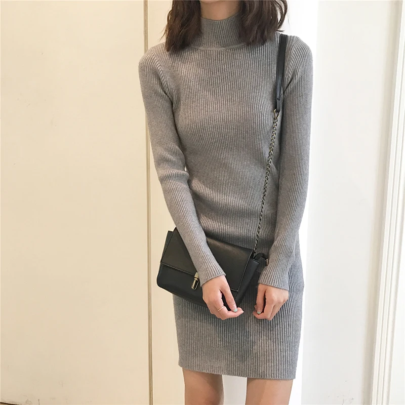 

ABRINI Women Mock Neck Solid Slim Sweater Dress Long Sleeve Knit Sexy Bodycon Dress Basic Knitwear Dress For Women 2023 Autumn