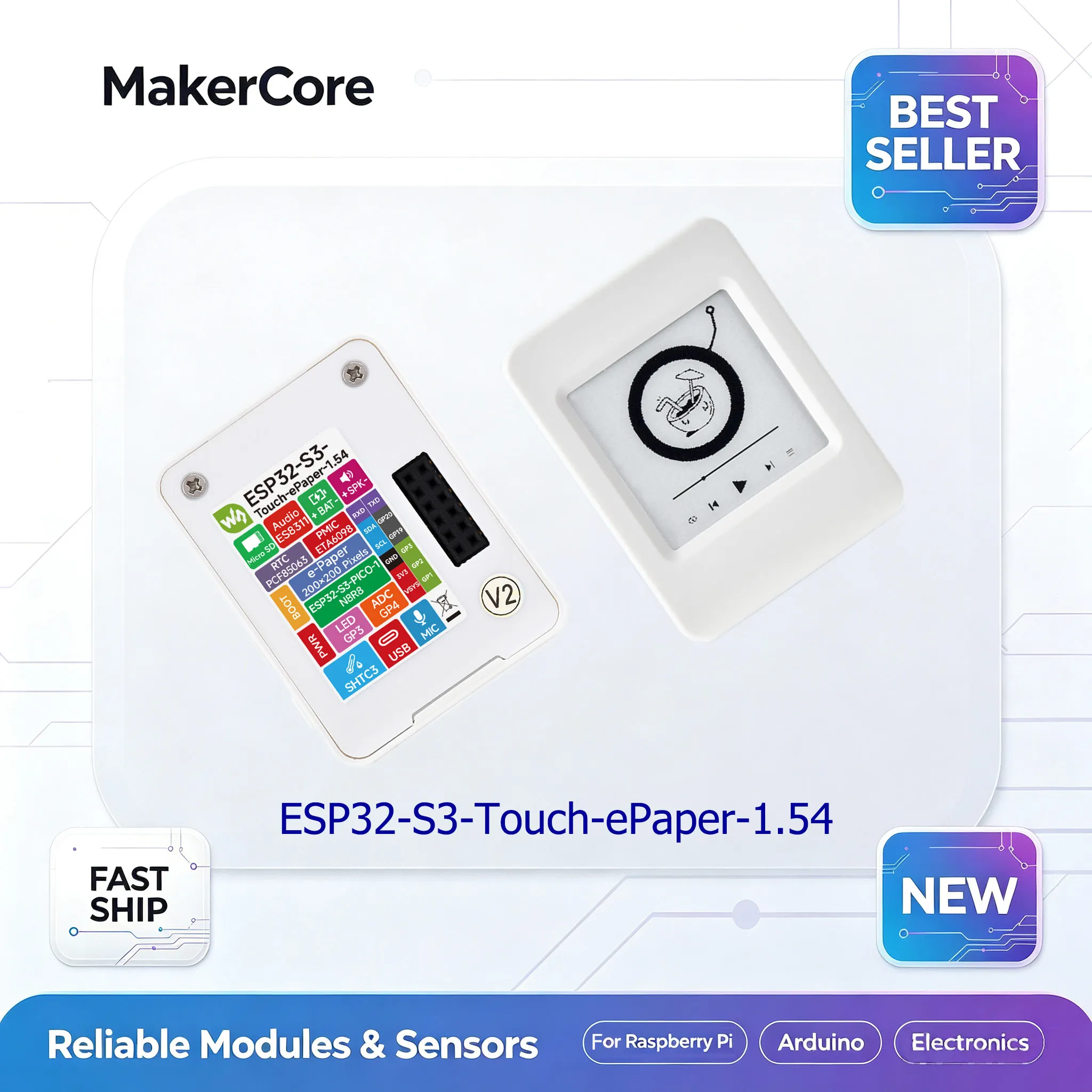 ESP32-S3 1.54inch e-Paper AIoT Dev Board 200x200 WiFi BLE Dual-mode, Audio Codec RTC Temp Sensor, Arduino IoT Display