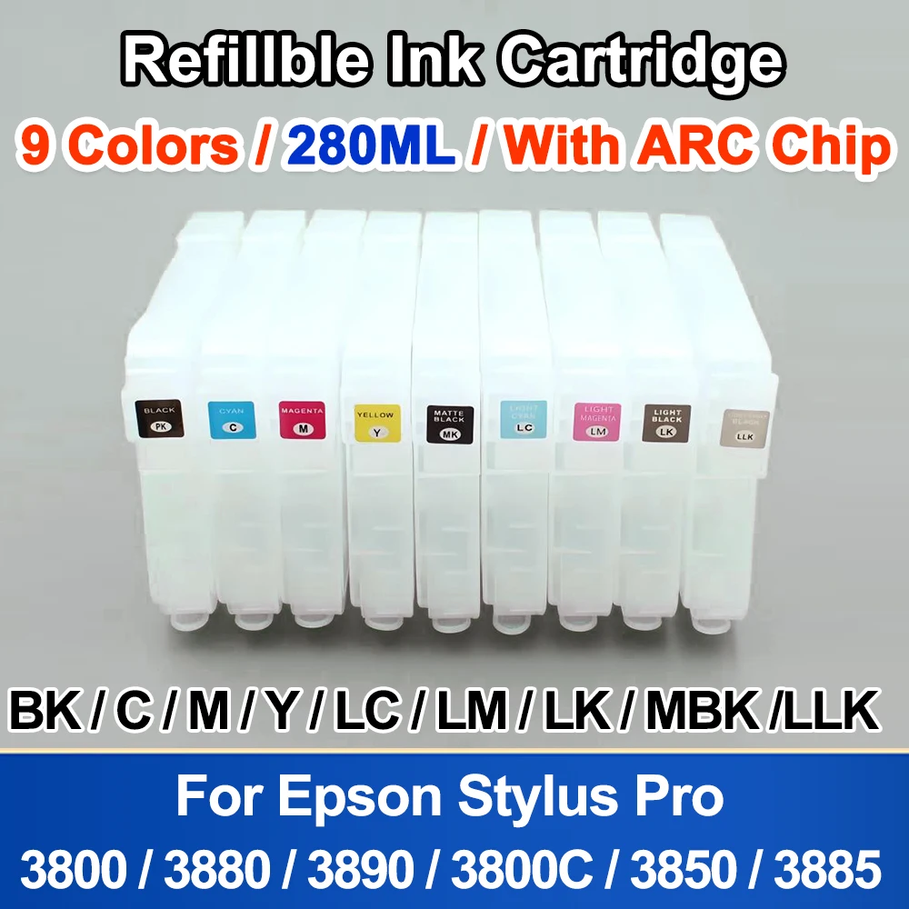 

280ML 9 Colors No Ink Refillable Ink Cartridge with Auto reset chip Sensor For Epson Stylus Pro 3800 3880 3890 3800C 3850 3885