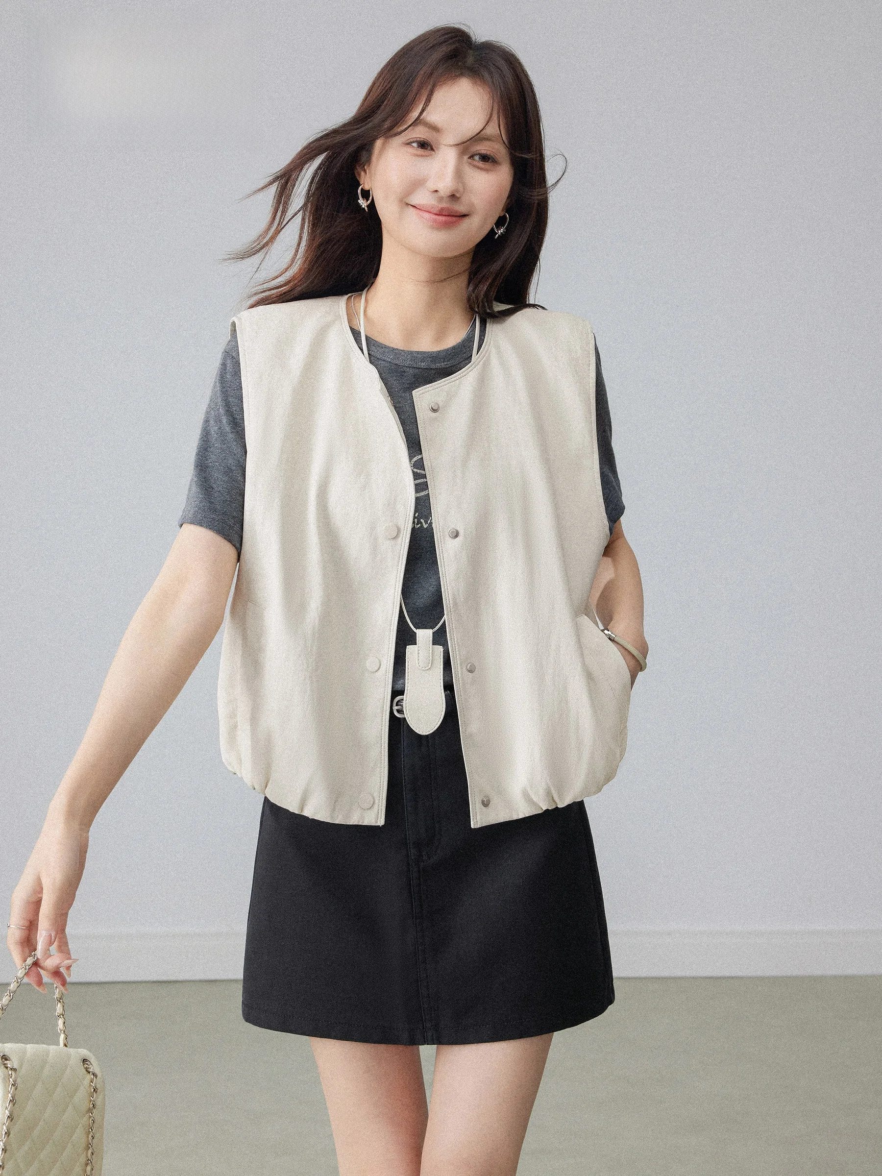 

Женский комплект из двух предметов: модный жилет и укороченный топ из искусственной кожи в корейском стиле, весенний дизайн, многослойный, с коротким рукавом