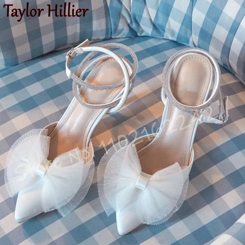 

Summer New Mesh Bow Pumps Pointed Stiletto Rhinestone Buckle White Sandals Elegant Dress Comfortable Wedding Shoes For Women 46