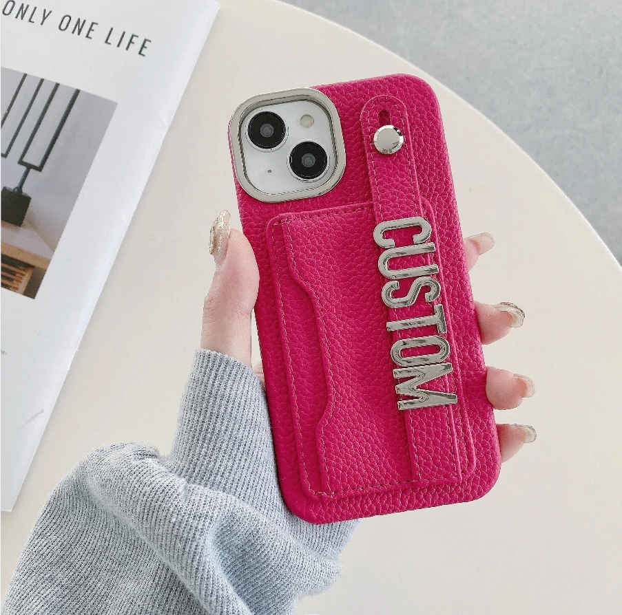 Personalized Cardholder Letter name Genuine Leather Phone case for iPhone15 14 13 12ProMax 15Plus wristband Cover