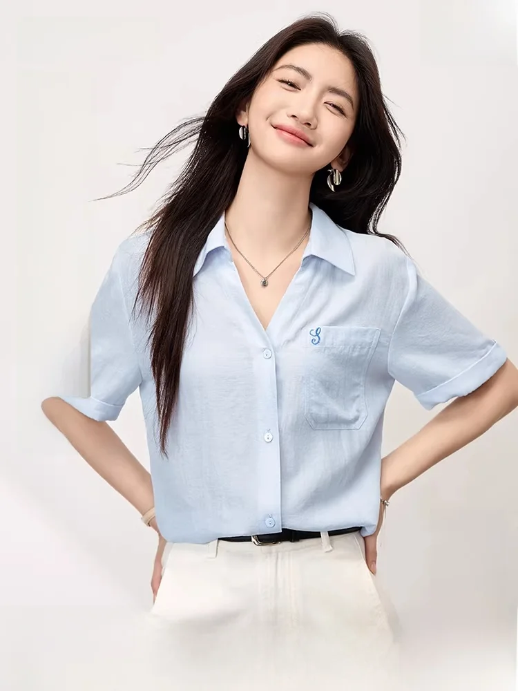 

Commute Style Short Sleeve Shirt Women's V-Neck Embroidered Letter Stitching Turn-down Collar Clean-cut Personality Blouse