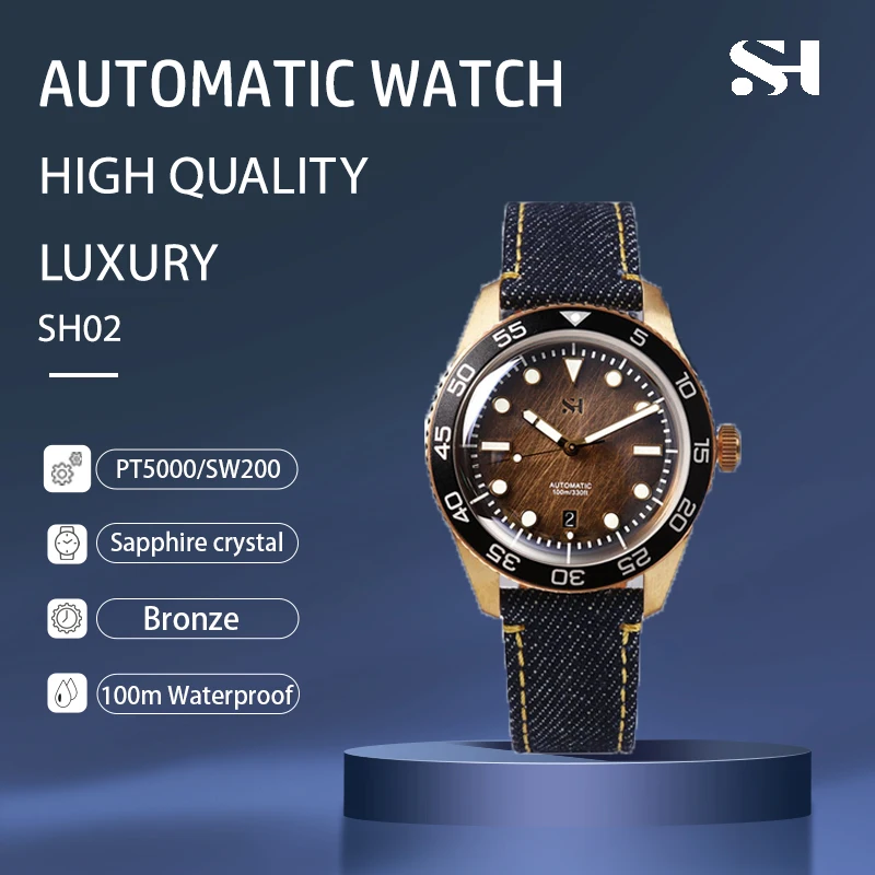 

SH Bronze Men Watch Automatic PT5000 SW200 Sapphire Domed Crystal Wood Grain Dial Leather Strap 42mm 10 ATM Waterproof