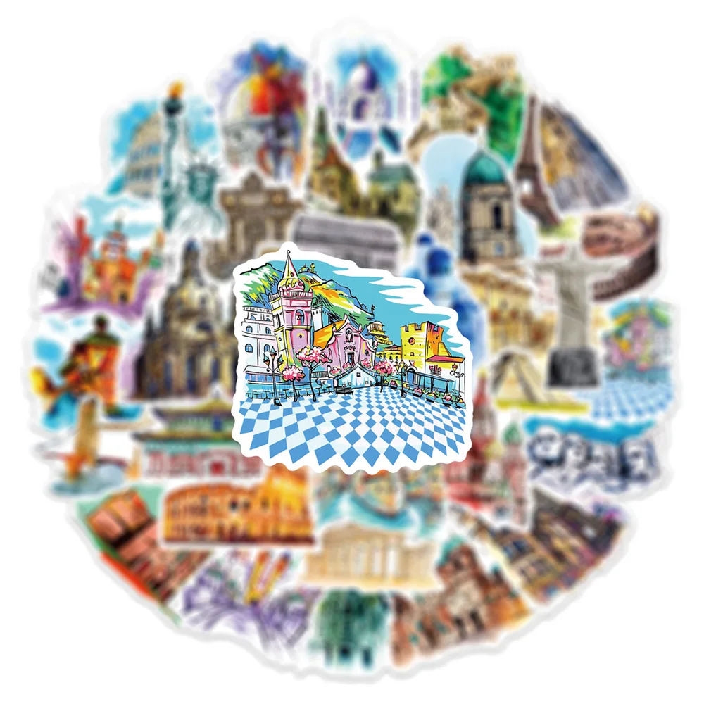 

10/30/50pcs World Travel Famous Building Landmark Stickers City Landscape Cartoon Decals Suitcase Phone Laptop Sticker Packing