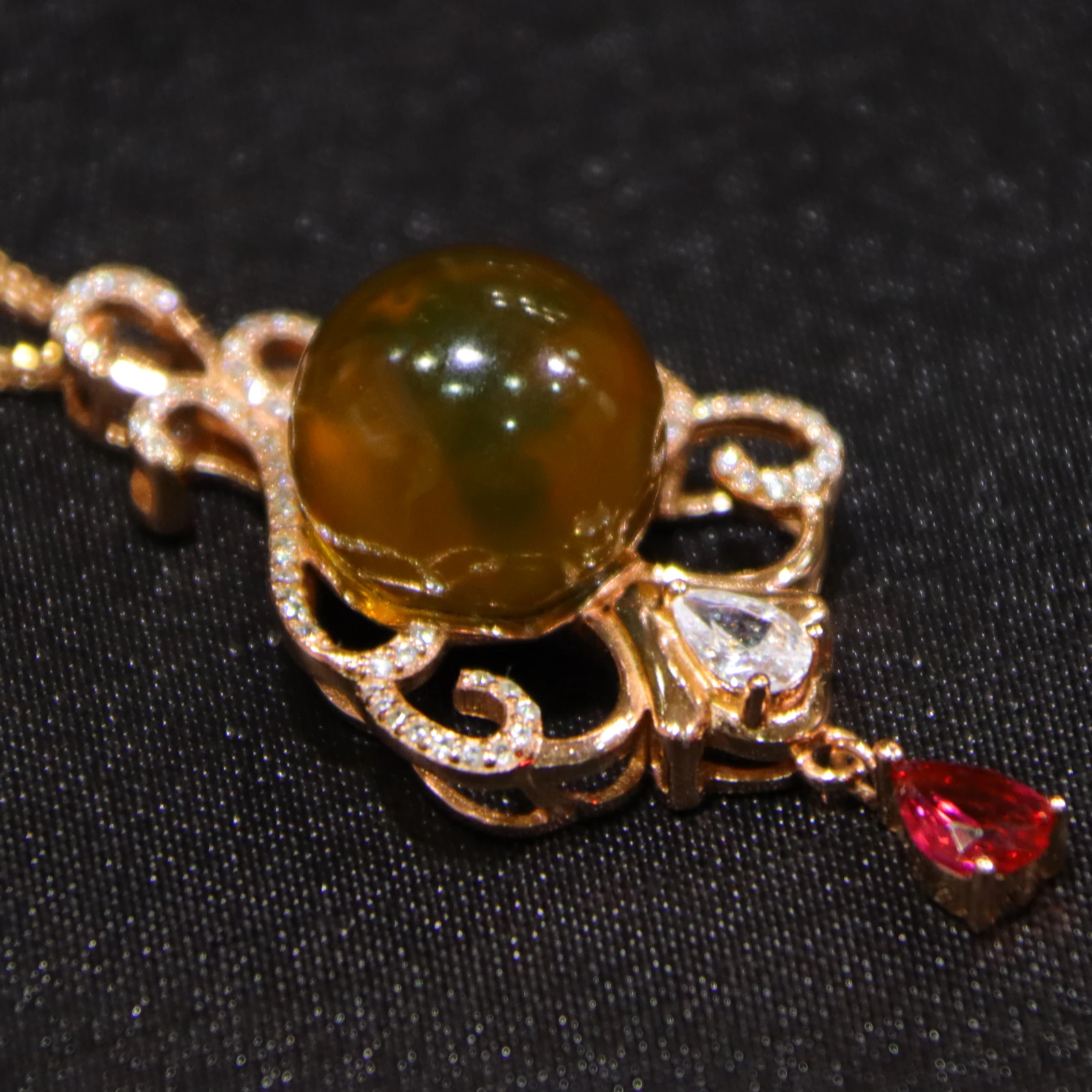 Mexican Blue Amber Flower Pendant Sterling Silver Natural 14mm Blue Amber Bead Red Gem Dangle Necklace Jewelry Gift Ready