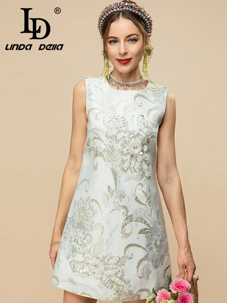 LD LINDA DELLA Designer Summer Fashion Short Tank Dress senza maniche Luxury Crystal Bead Print Vintage Party Mini Dress