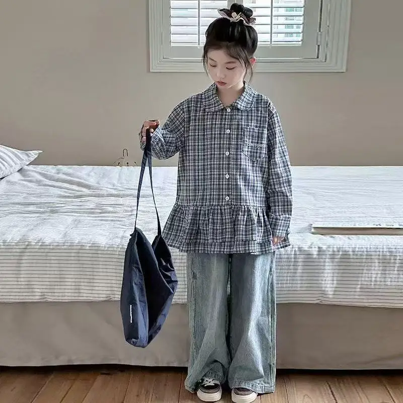 4-15 سنة الربيع والخريف الفتيات موضة منقوشة قميص 2026 النسخة الكورية الجديدة للأطفال عادية فضفاض كم طويل 110-170 سنتيمتر