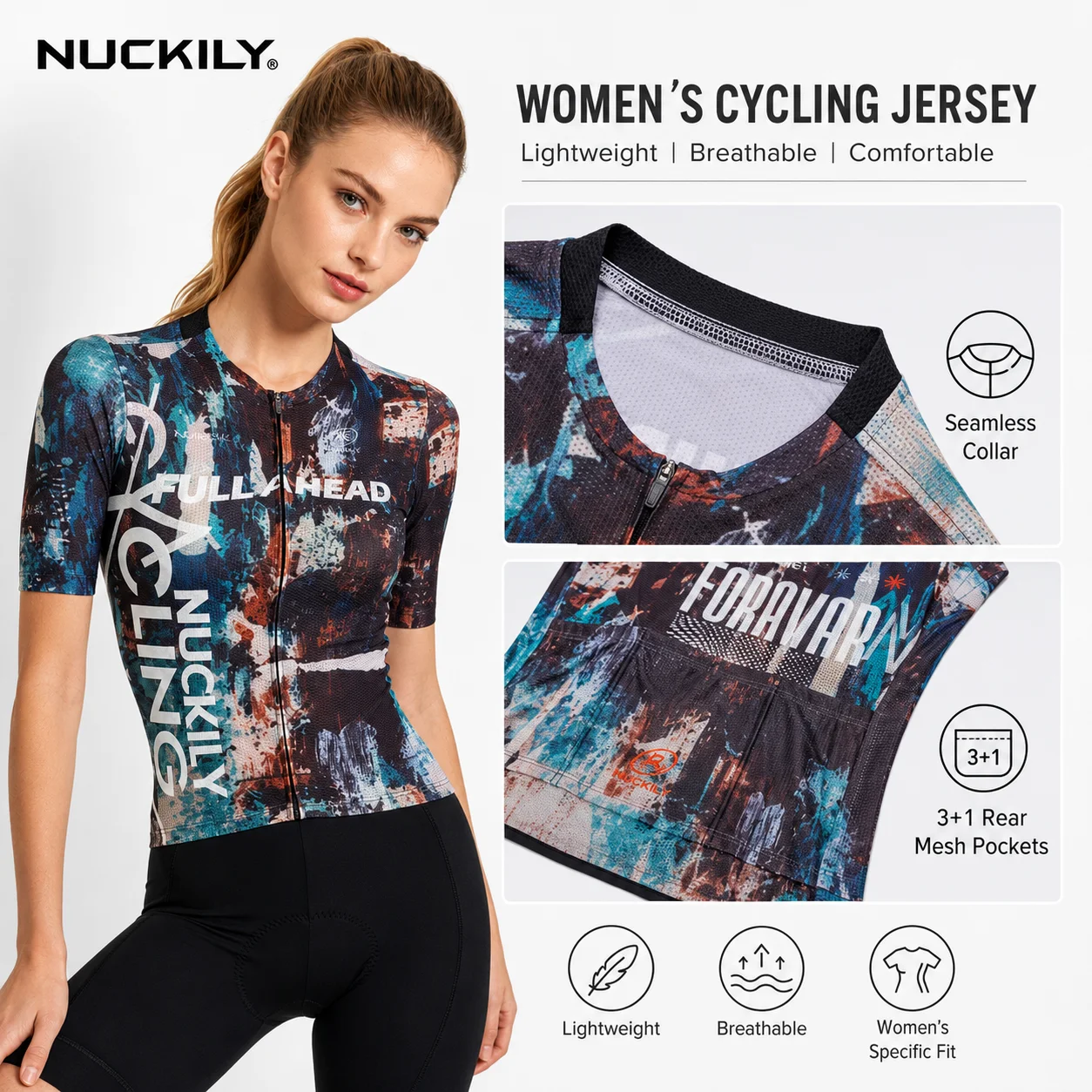 NUCKILY Women Cycling Jersey Short Sleeve Quick Dry Breathable Road Bike Shirt Aero Race Fit 3+1 Pockets Reflective Summer Top