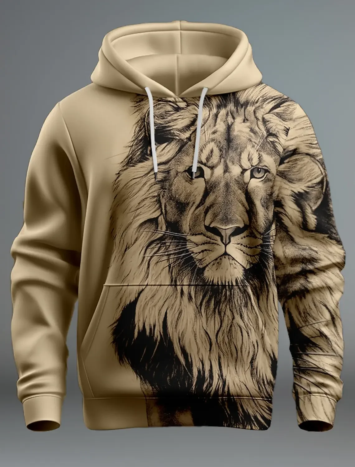Sudadera con capucha de color caqui para hombre, con estampado 3D de cabeza de león de estilo vintage, ideal para un look casual y urbano, de tejido suave y cómodo, perfecta para el día a día y para complementar tu estilo.