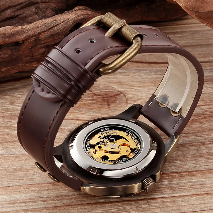 SHENHUA 9536 รอบ Steampunk สไตล์ผู้ชายโครงกระดูกนาฬิกากลไกอัตโนมัติ Bronze ชาย Skull นาฬิกากีฬา addiesdive นาฬิกา