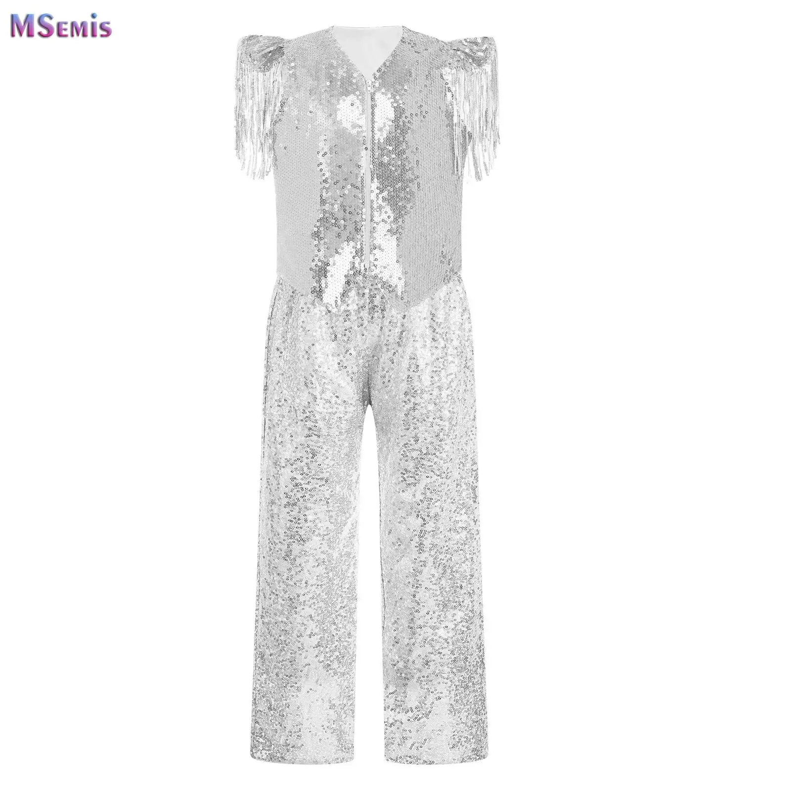 Kids Girls Sparkling Sequin Jazz Modern Dance Clothes Tassels Cap Sleeves Asymmetrical Zipper Metallic Vest with Pants Outfit