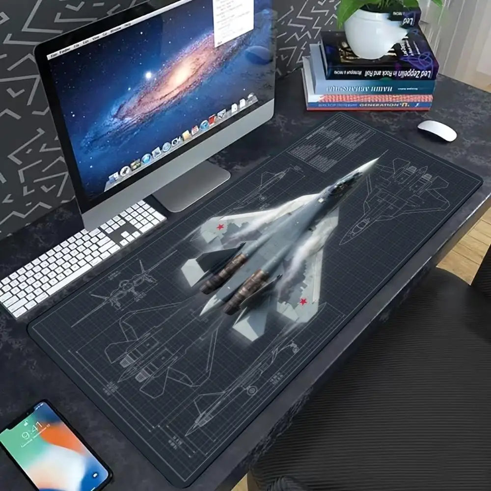 Aircraft Blueprint Large Desk Pad, Non Slip Extended Fighter Sketch Gaming Mousepad
