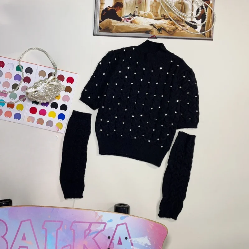 2024 Autumn Winter New Fashion Black Jumpers Diamond Studded By Hand Graceful And Fashionable Pullovers Sweater With Oversleeves