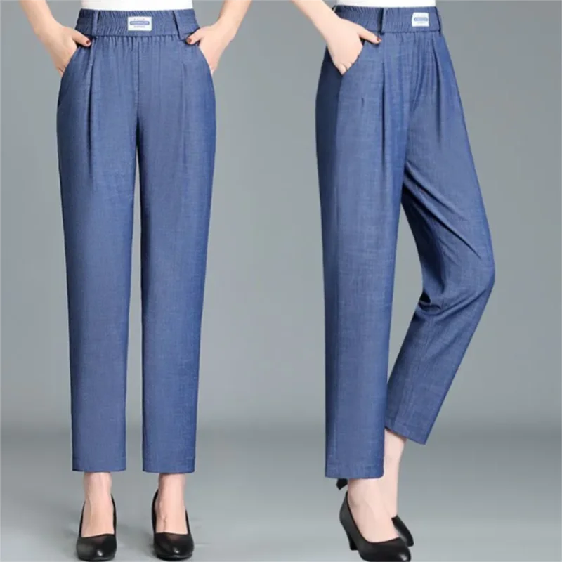 Ice silk jeans women's thin Trouser high-waisted loose straight nine-point pants middle-aged women's summer denim pants