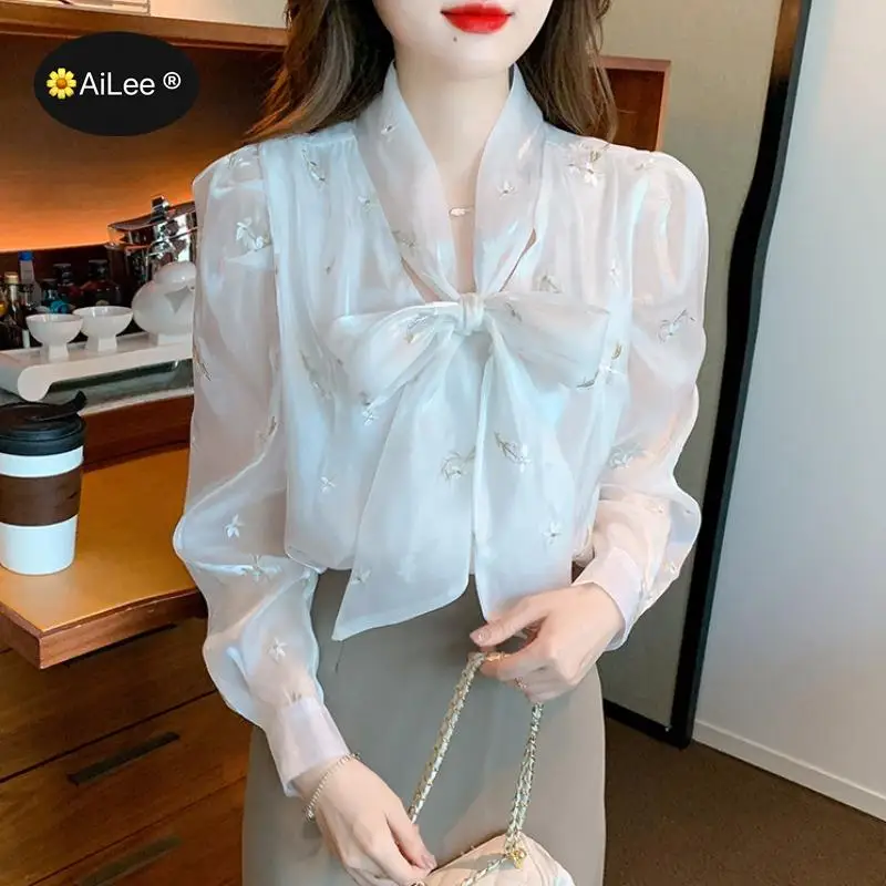 Women Chiffon Embroidery Ribbon Sheer Blouse Fairy Fashion Date Dinner Banquet Party Wedding Evening Festival Tops Street Shirts