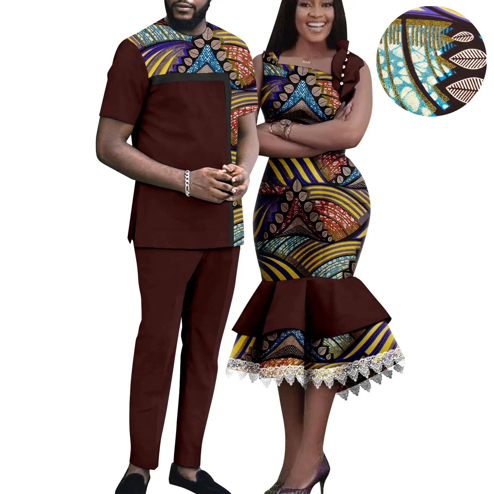 African Matching Outfit for Couples Dashiki Summer Women Ruffles Dresses Bazin Riche Men Patchwork Top and Pant Sets Y23C055