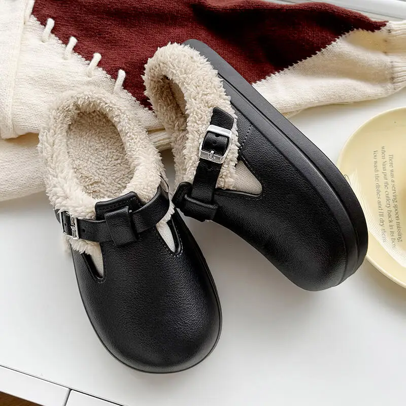 Waterproof Eva Metal Buckle Furry Indoor Slippers Women 2025 Winter Warm Plush Non Slip Thick Bottom Home Slippers Woman's Clogs