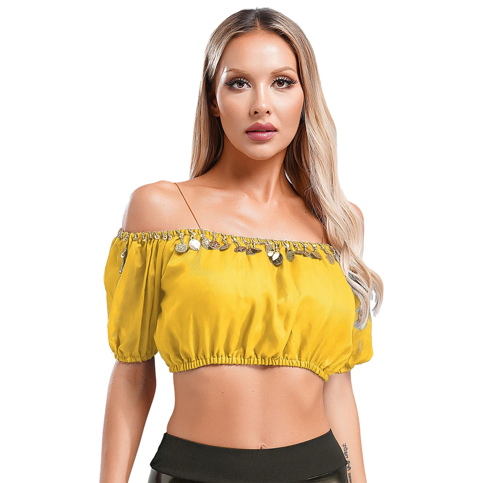 Womens Oosterse India Buikdans Crop Tops Halloween Kostuum Pailletten Bladerdeeg Korte Mouwen Plastic Kralen Buikdans Crop Tops