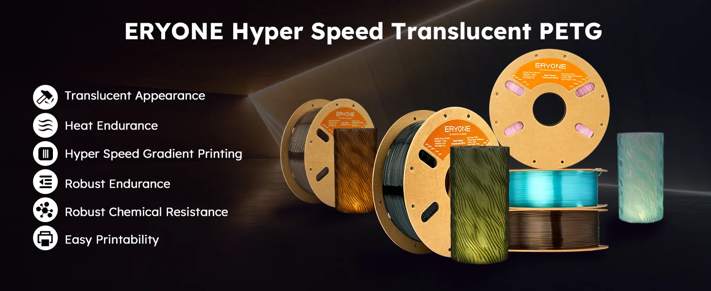 ERYONE 3KG PETG High-Speed Transparent Series 3D Filament, Multicolor Available, Max Print Speed 500mm/s, 1KG/Spool