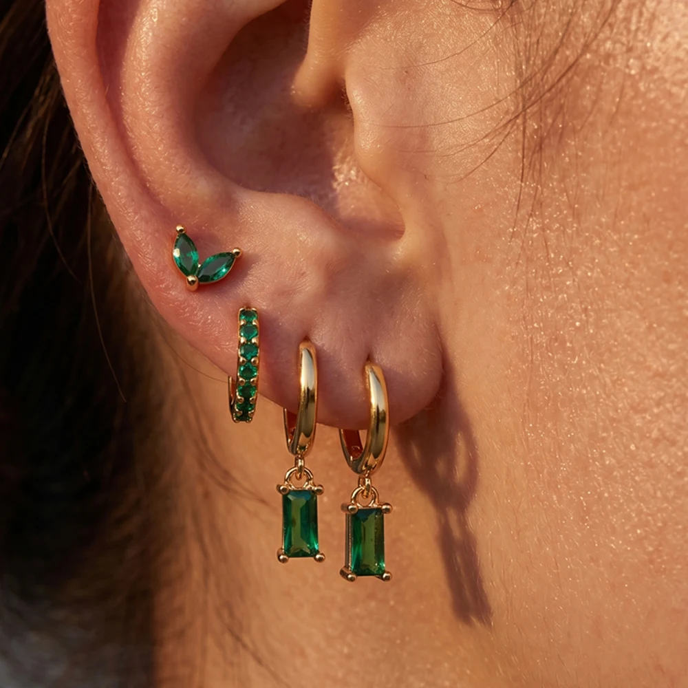 

3 Pairs Green CZ Zircon Hoop Earrings Set for Women Girls Stainless Steel Stackable Piercing Cartilage Huggie Jewelry Gifts