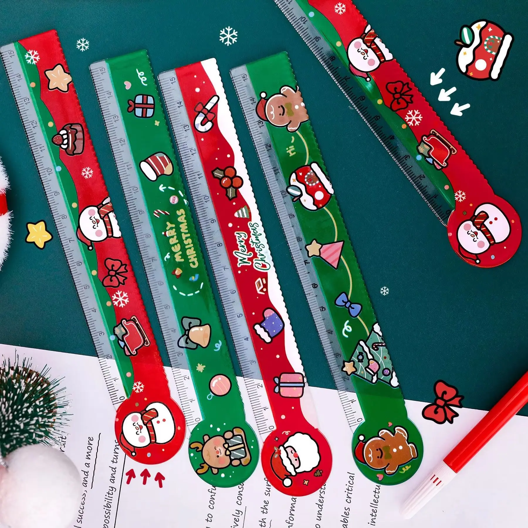 12 Pcs Christmas Rulers Kids Cute Cartoon Wave Ruler Student Stationery Rewards Gifts Back To School