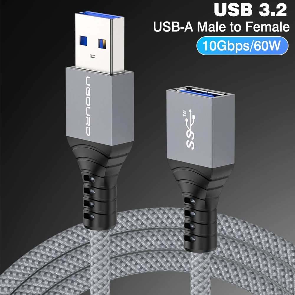 UGOURD USB 3.2 Gen2 Verlengkabel 10Gbps USB A Male naar Female Verlengsnoer Gevlochten USB3 Verlengkabel Voor U Disk Printer PC