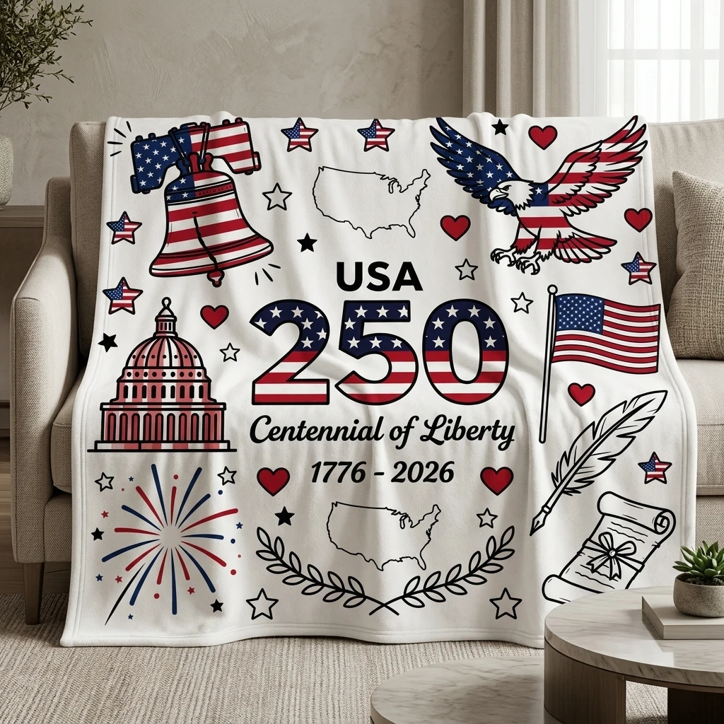 1PC American 250th Independence Day Iconic USA Symbols Thick Flannel Blanket, Soft Warm Portable Throw, Great Gift for Boys Girl