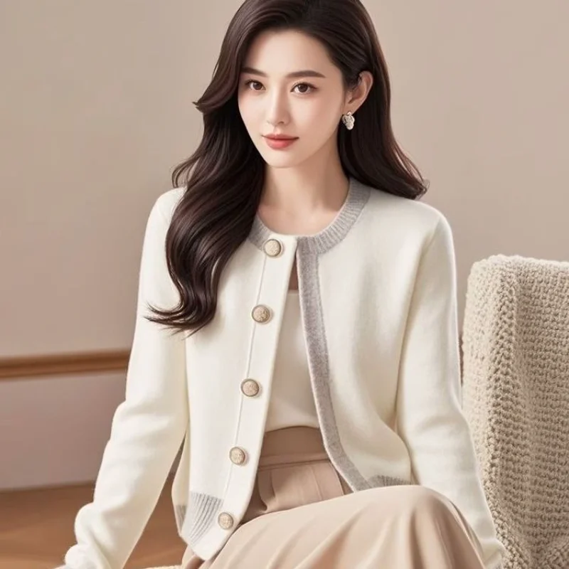 เสื้อแจ็คเก็ตสเวตเตอร์ถักบล็อคสีสไตล์ฤดูใบไม้ผลิและฤดูใบไม้ร่วงลดอายุเกาหลีเสื้อคาร์ดิแกนคอกลมเสื้อผ้าผู้หญิง