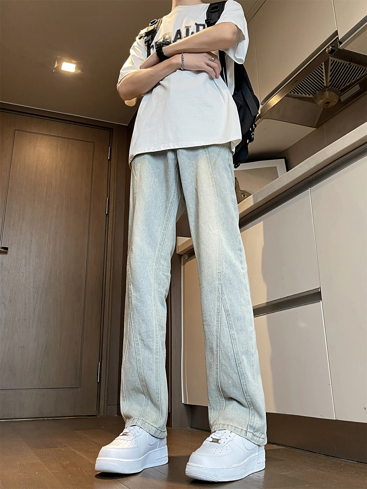 

Summer Men's Wide Leg Jeans American Casual Straight Tube Pants High Street Yellow Mud Color Match All Micro Flare Long Trousers