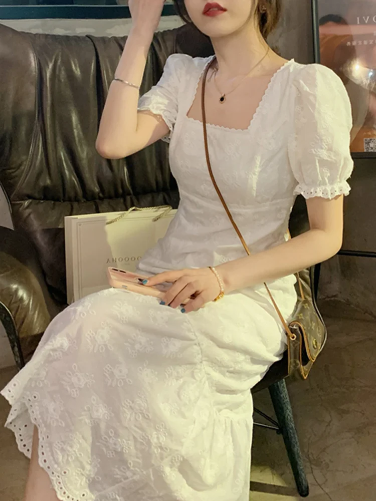 lanrong-2023-summer-women's-white-dress-retro-square-collar-fashionable-midi-length-slimming-elegant-style-youthful-trendy