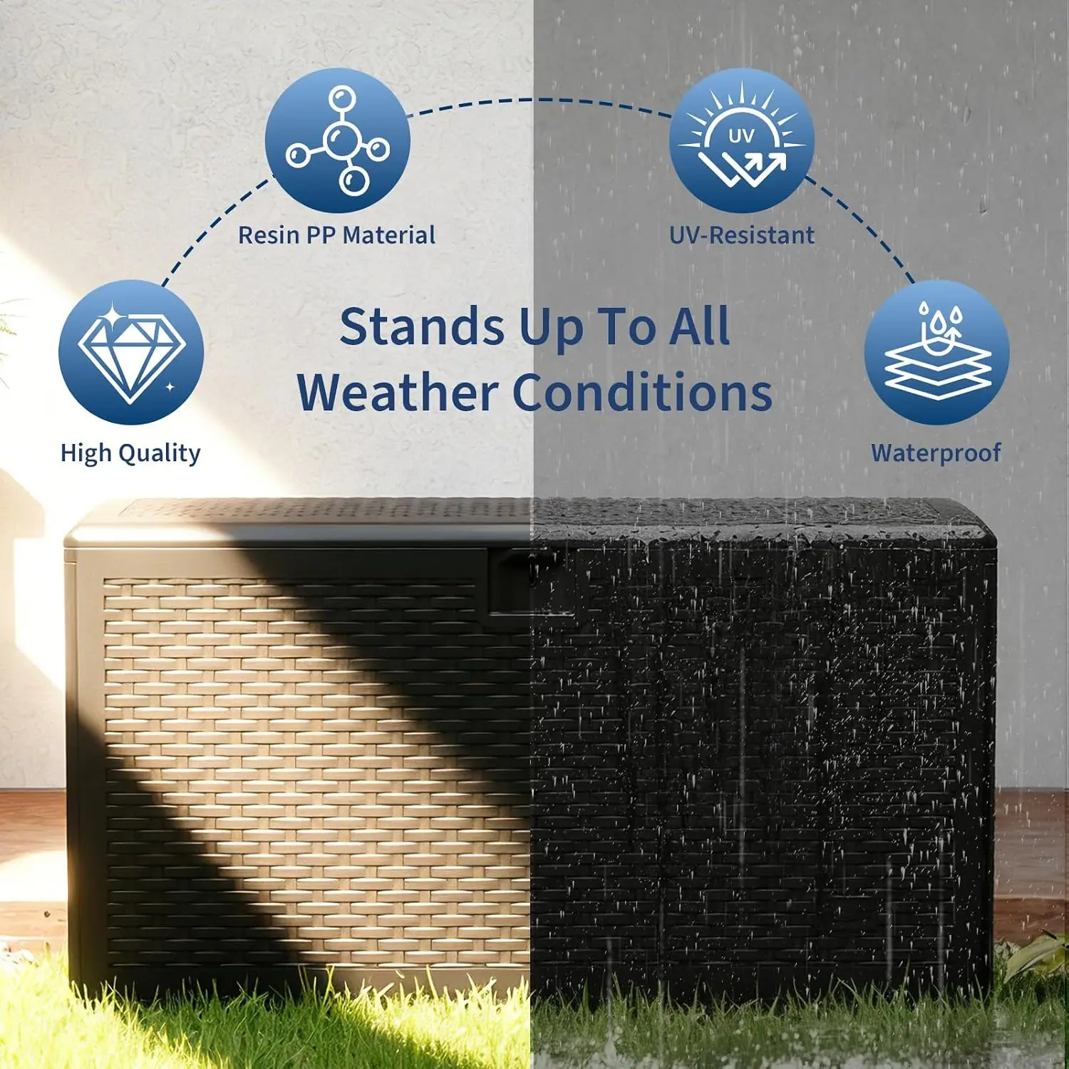 Outdoor Deck Storage Box, 73 Gallon Rattan Resin Patio Storage Bench with Lockable Lid, Waterproof UV-Resistant, 480 LBS Weight Capacity, Holds Cushions, Garden Tools and Pool Supplies