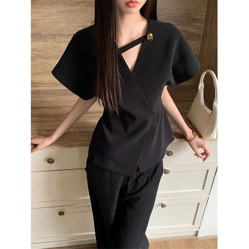 

Elegant Black Shirts Women Fashion Asymmetrical Blouses Summer Office Ladies Korean V Neck Short Sleeve Casual Design Tops New