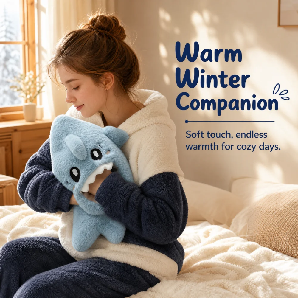 Long Lasting Warm Plush Hot Water Bottle Cute Shark Holiday Gift Eco Friendly for Ages 14+ Winter