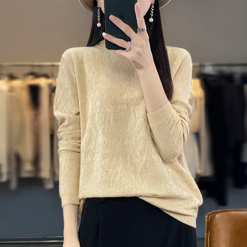 Spring/Summer Hollow Out Pure Wool Knitted Sweater T-shirt Women\'s Thin Fashion Long Sleeve Half High Neck Elegant and UniqueTop