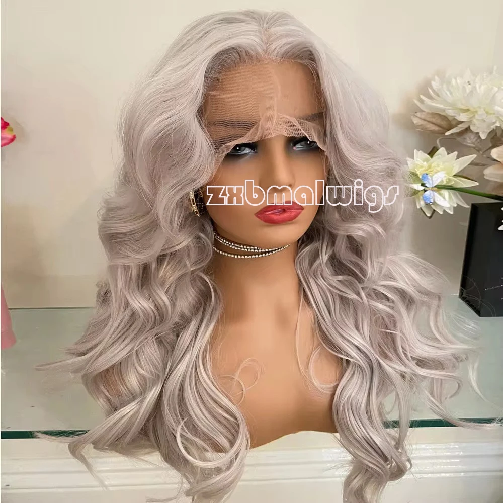 QW Synthetic Hair Lace Front Wig For Women  Grey Blonde  Body Wave Preplucked Glueless  Heat Temperature Daily Cosplay