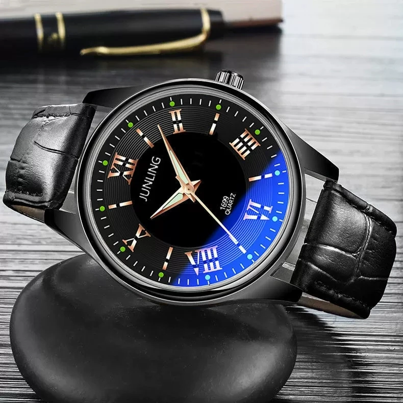 Jam Tangan Bercahaya Tali Kulit PU Ultratipis Jam Tangan Pasangan Jam Tangan Pria Modis Sederhana Versi Korea Pelajar Pria