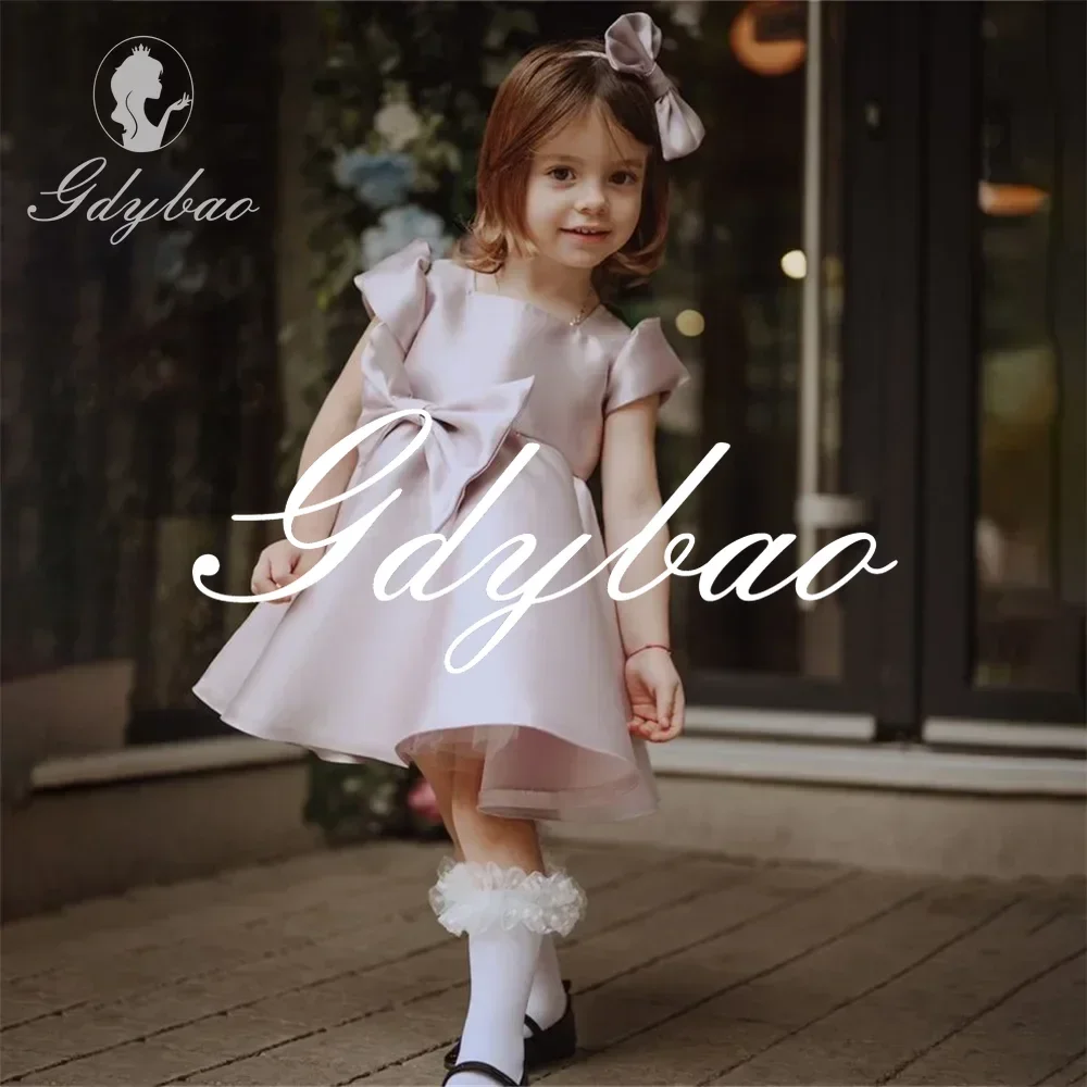 Bow Simple Classic Style Square Neck Short Sleeve A Line Wedding Party Flower Girl Dress Knee Length Formal First Communion Gown