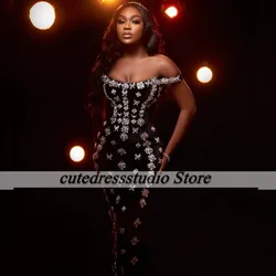 Luxury Crystal Evening Dresses 2024 Off The Shoulder Women Black Prom Gowns African Aso Ebi Wedding Party Dress