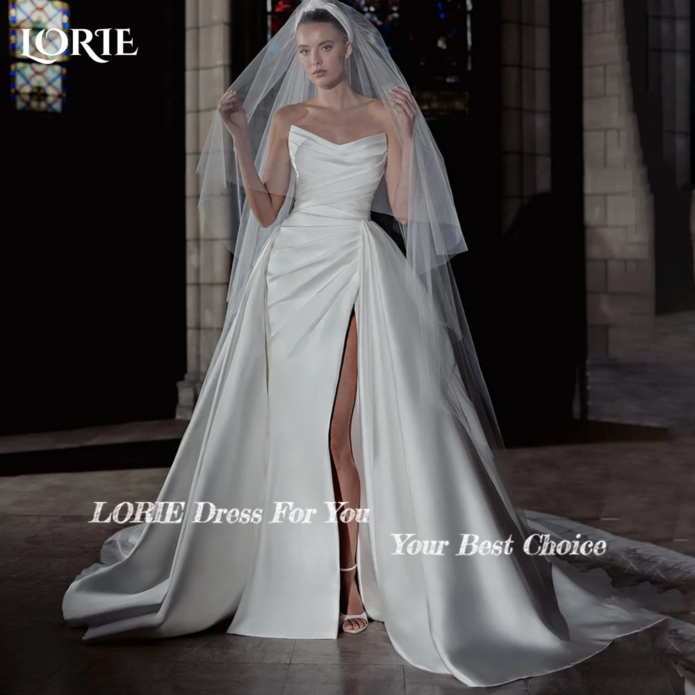 

LORIE Luxury Solid Wedding Dresses Strapelss Side Slit Satin A-Line Evening Prom Dress Shiny Off Shoulder Pleated Bride Gowns