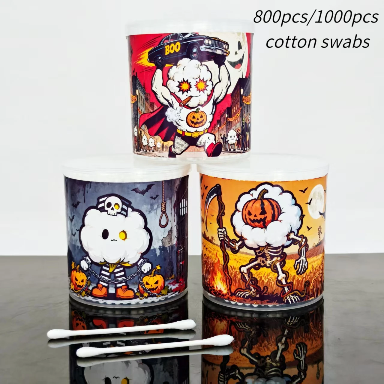800 Stück/1000 Stück Halloween-Thema-Design, Wattestäbchen, Zylinderbox, Geschenk, Wattebausch
